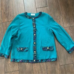 Alfred Dunner Vintage Teal Cardigan Sweater with Paisley Trim sz 12